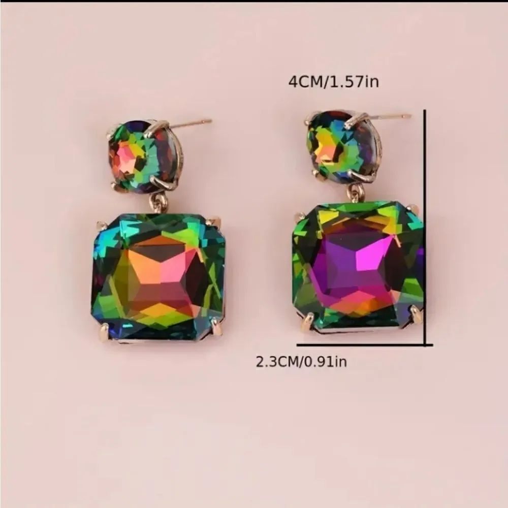 New Crystal Blue Square Drop Earrings - Picture 3 of 3